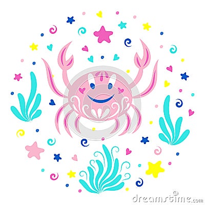 Cheerful crab, seaweed and stars. Marine characters. Children`s illustration. Vector Vector Illustration