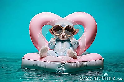 Cheerful creature wearing stylish sunglasses lounges on a heart-shaped pink float in the water Stock Photo