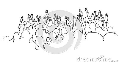 Cheerful crowd cheering illustration. Hands up. Group of applause people continuous one line vector drawing. Vector Illustration
