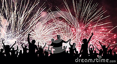 Cheerful crowd of people watching a salute, firework. Celebration, feast, holiday. Cartoon Illustration