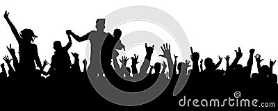 Cheerful crowd silhouette. Party people, applaud. Fans dance concert, disco.Hands up. Vector Illustration