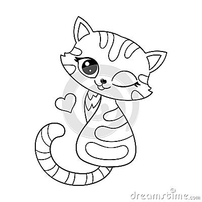 Cheerful cute cartoon kitten. Black and white linear image. Vector Vector Illustration