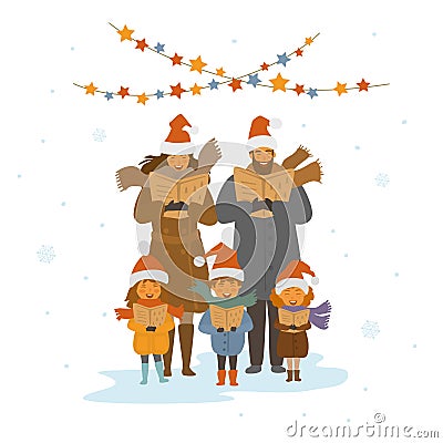 Cheerful cute family, adults and kids singing christmas songs carols, isolated vector illustration Vector Illustration