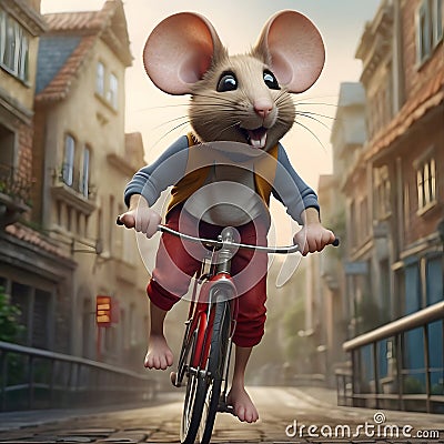 Cheerful Cyclist: Enjoy the Charm of a Mouse Embarking on a Bicycle Ride Stock Photo