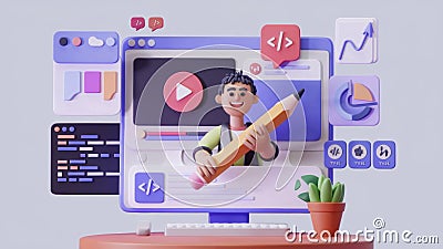 Online Education 3D Cartoon Tutor Coding Learning Web Development E Learning Success AI generated. Stock Photo