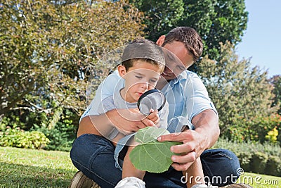 Cheerful dad and son inspecting leaf with a magnifying glass Stock Photo