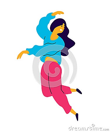 Cheerful dancing girl rejoices life. Vector. Illustration of a laughing young woman. Character for the dance studio. Image is isol Vector Illustration