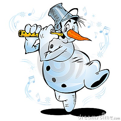 Cheerful dancing snowman plays the flute Vector Illustration