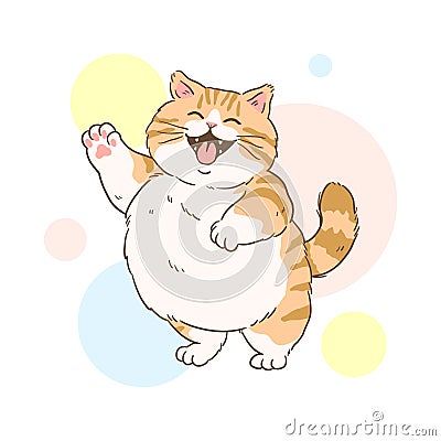 Cheerful Dancing Tabby Cat with Colorful Circles Background Vector Illustration