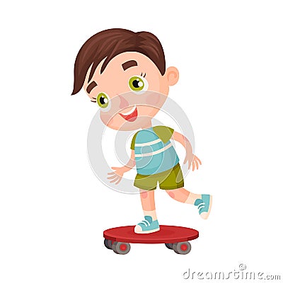 Cheerful Dark-haired Boy Character Skateboarding Vector Illustration Vector Illustration