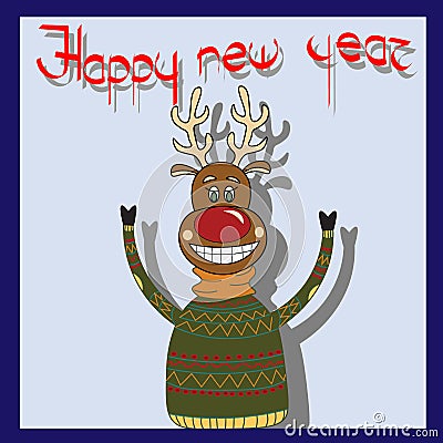 Cheerful deer pullover with greetings Happy New Year Vector Illustration