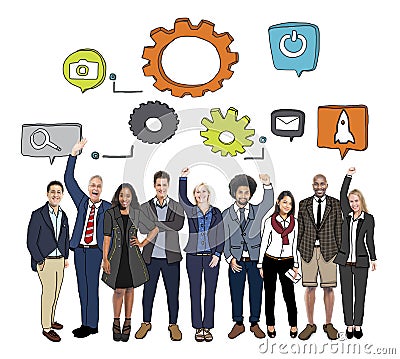 Cheerful Diverse Business People and Symbols Photo and Illustration Stock Photo