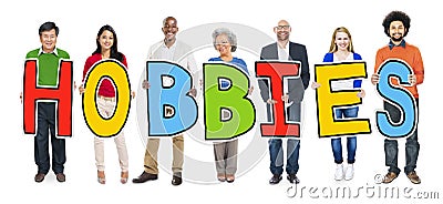 Cheerful Diverse Business People and Text Hobbies Stock Photo