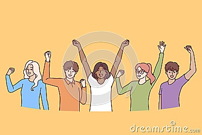 Cheerful diverse people raise hands up celebrating victory in joint educational project Vector Illustration
