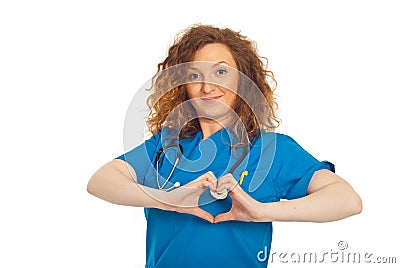 Cheerful doctor forming heart shape Stock Photo