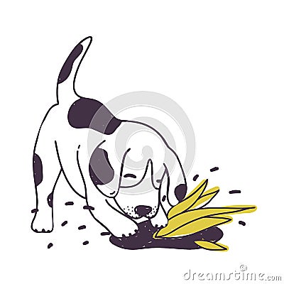 Cheerful dog digging ground near cultivated plant. Amusing naughty puppy or doggy isolated on white background Vector Illustration