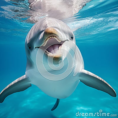 Cheerful Dolphin Smiling Underwater - Realistic Portrayal In 8k Resolution Stock Photo