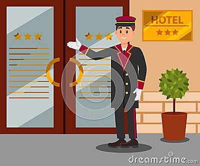 Cheerful doorman standing in front of hotel entrance doors. Young smiling man in uniform. Flat vector design Vector Illustration