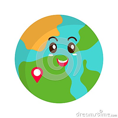 Cheerful Earth Globe Cartoon With Map Pin Over White Stock Photo