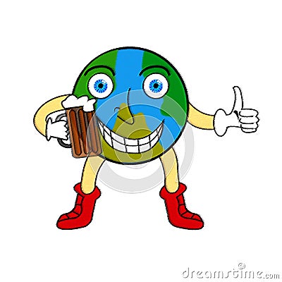 Cheerful Earth with pint of beer Vector Illustration