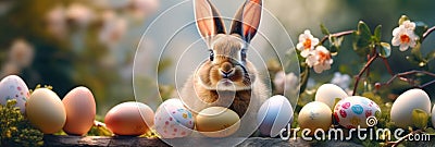 Cheerful Easter Bunny Banner with Colorful Eggs for Spring Celebration, Festive Promotions, copyspace. Stock Photo