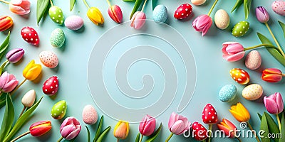 Cheerful Easter Concept Adorned With Bright Eggs and Tulips Stock Photo