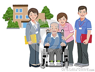 Cheerful elderly person in wheelchair with his nursing caregiver Vector Illustration