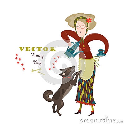 Cheerful elderly woman with funny dog Vector Illustration