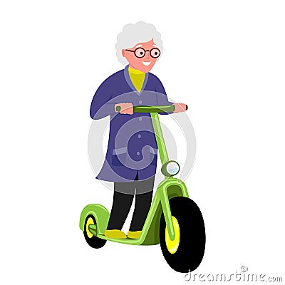Cheerful elderly woman rides an electric scooter. Vector Illustration