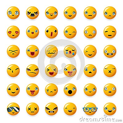 Cheerful emoticon cute smile facial emotion emoji icons set isolated sticker 3d realistic design element vector Vector Illustration