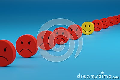 Cheerful face in a row with other angry faces. Positive attitude concept. 3d illustration Cartoon Illustration