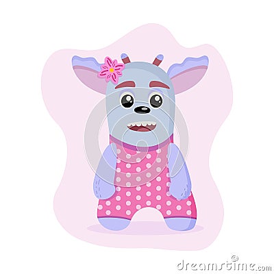 Cheerful fairy tale character with horns, a girl in a pink jumpsuit with a polka dot pattern, with a flower Vector Illustration