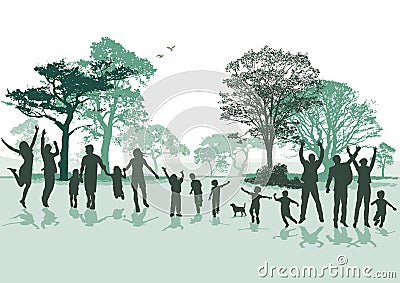 Cheerful families group in nature Vector Illustration