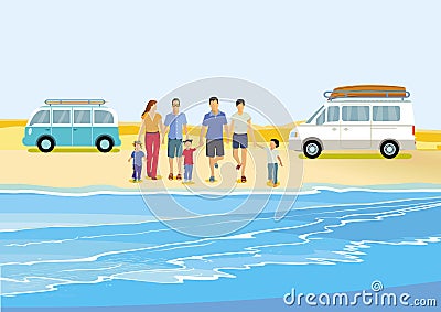 Cheerful families group at the sea, Family Travel, Vector Illustration