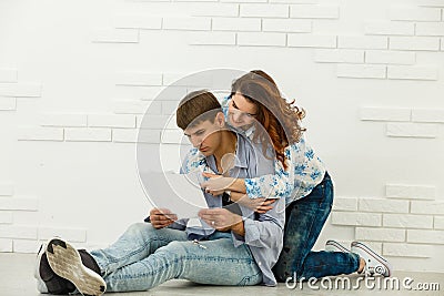 Cheerful family paying bills at home Stock Photo