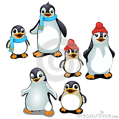 Cheerful family of penguins in a cap and scarf Vector Illustration