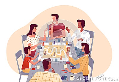 A cheerful family plays board games with friends. Joyful men and women sit together at home at the table, talk and drink Vector Illustration