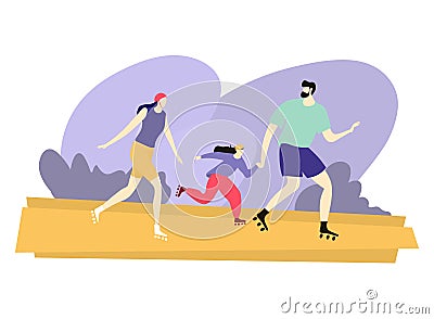 Cheerful family run roller skate, happy character father mother and daughter walk city park area isolated on white, flat Vector Illustration