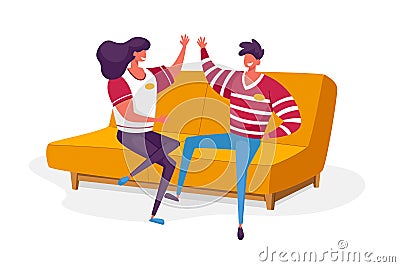 Cheerful Fans Male Female Characters Wearing Sports Club Uniform Giving High Five Sitting on Couch Cheering Vector Illustration