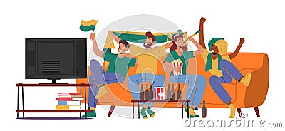 Cheerful Fans Male Female Characters Wearing Sports Club Uniform Sitting on Couch Cheering for Favorite Sport Team Vector Illustration