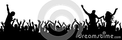 Cheerful fans party crowd. Cheering hands up applause. Crowd of people silhouette Vector Illustration