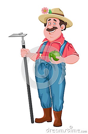 Cheerful farmer with hoe and apple Vector Illustration