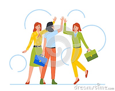 Cheerful Female Characters Giving High Five. Business Team Successful Deal, Command Agreement, Success Celebration Vector Illustration