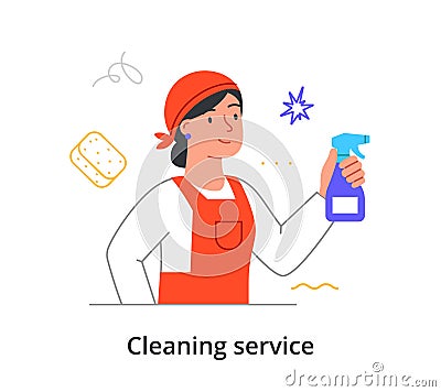 Cheerful female cleaning company member is cleaning premise with spray on white background Vector Illustration