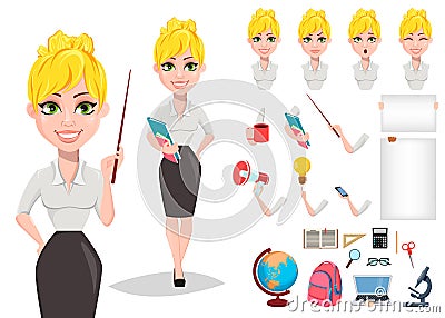 Cheerful female teacher character creation set. Vector Illustration