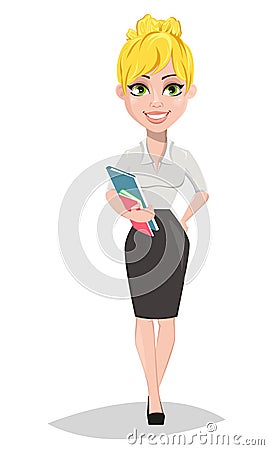 Cheerful female teacher standing with books. Vector Illustration