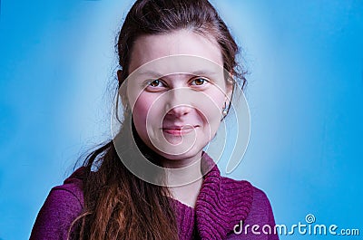 Cheerful, feminine woman smile in lilac, blouse, sweater. close up portrait of pretty caucasian young girl in purple Stock Photo