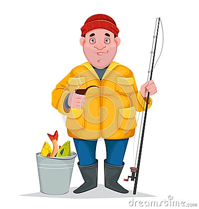 Cheerful fisherman with smoking pipe and caught fish Vector Illustration