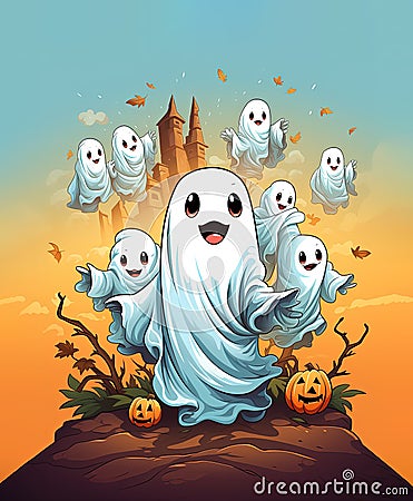Cheerful friendly ghosts fly around the ancient castle Cartoon Illustration