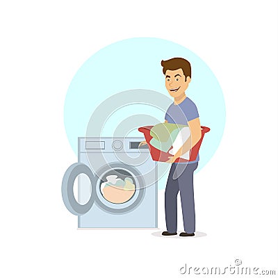 Cheerful funny man washing clothes laundry in washing machine Vector Illustration